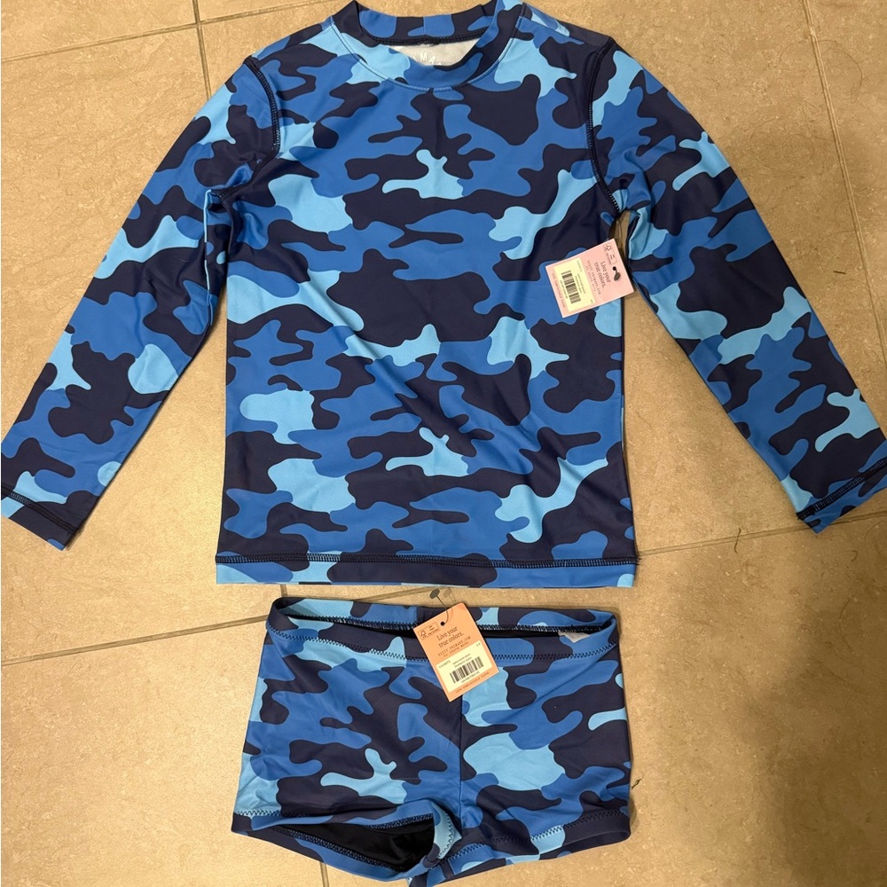 NWT Primary Blue Camouflage Girls Swim Set Rashguard and Boy Shorts, size 4-5